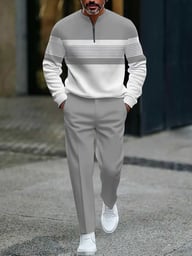 Gray and white casual long-sleeve pants set comfortable everyday wear