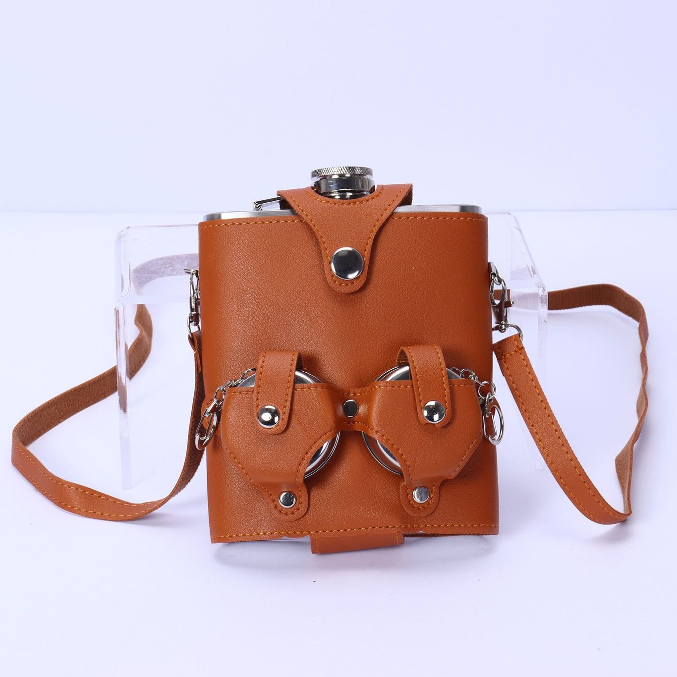 Portable Backpack Flask Sleeve with Telescoping Cups | Leather