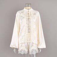 Off-White Ice-Silk Satin Lace-Trimmed Tie-Front Womens Pajama Set — view 13