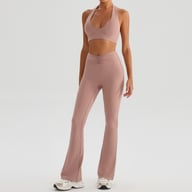 Black halter sports bra and flared leggings women's yoga activewear set