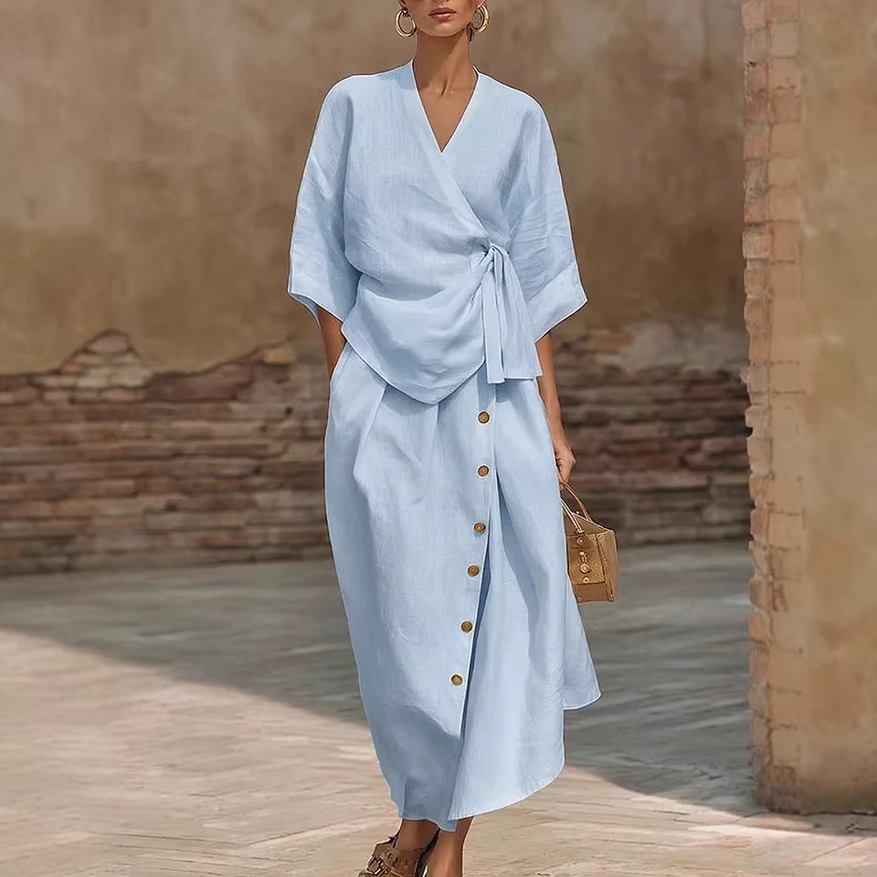 Women's Linen Two-Piece Set | Wrap Top & Button Skirt Canada