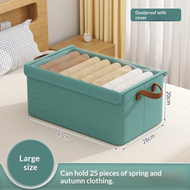 Fabric organizer box positioned under bed frame in bedroom