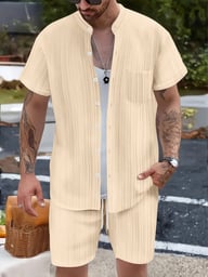 Men's Casual Stand Collar Ribbed Shirt & Shorts Set | Two-Piece — view 9