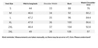Size chart for women's three-piece professional suit components