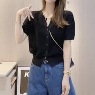 Womens Round-neck Blue Ice-silk Knitted T-shirt Top — view 5