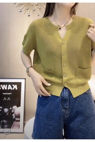 Womens Round-neck Blue Ice-silk Knitted T-shirt Top — view 14