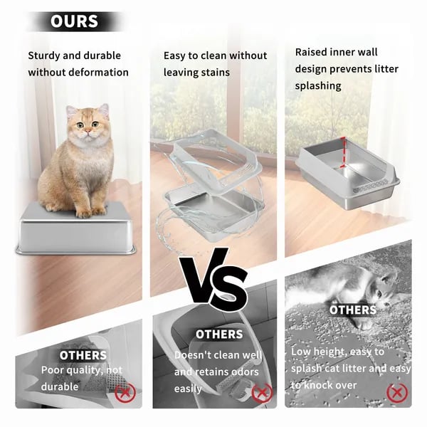 Stainless steel litter box comparison showing durability advantage over plastic alternatives
