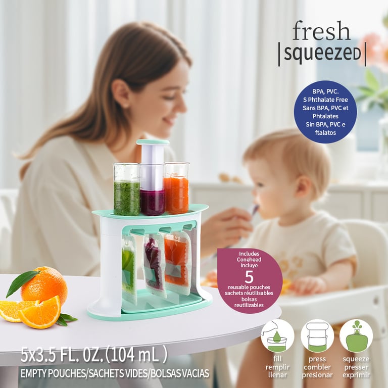 Neatly stacked manual baby food storage bags organized in freezer with visible date labels
