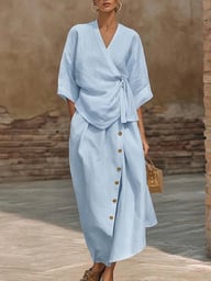 Women's Casual Loose Skirt Two-Piece Set | Linen Wrap Top & Button Skirt — view 12