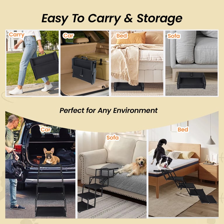 Foldable dog ramp folded compactly in car trunk for travel