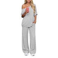 Off-Shoulder Loose Two-Piece Set | Wide-Leg Pants & Casual Top — view 6
