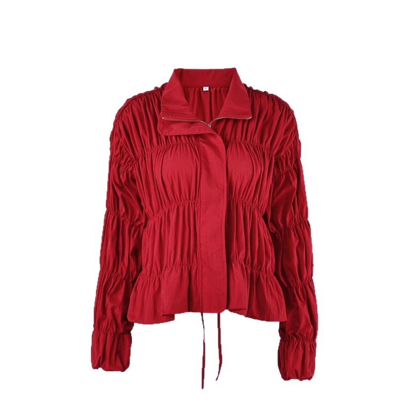 Red Pleated Stand-Collar Coat | Trendy Women's Fashion Top