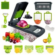 16-in-1 vegetable chopper with various interchangeable blades and chopped vegetables