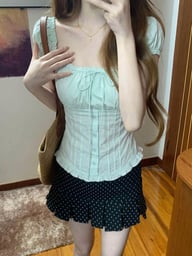 Ice-Blue Square-Neck Bubble-Sleeve T-Shirt | Cottagecore Style Top — view 1