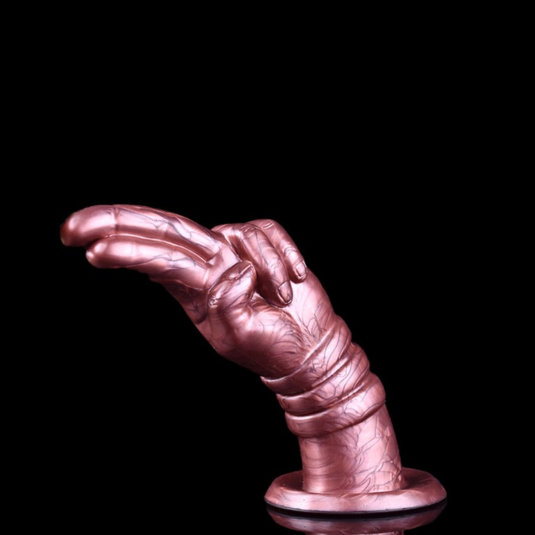 Hand-shaped silicone toy detail showing flared base and textured ribbed shaft design