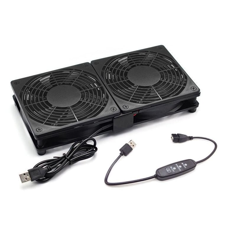 Router sitting on dual 120mm cooling fan with blue LED effect