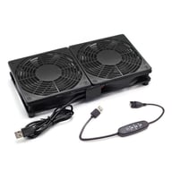 Close-up of dual 120mm cooling fan protective mesh grill design