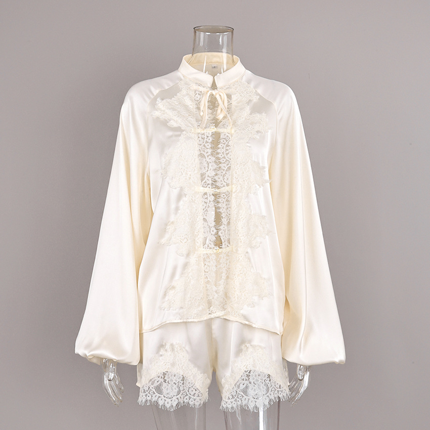 Off-White Ice-Silk Satin Lace-Trimmed Tie-Front Womens Pajama Set