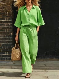 Women's Linen Two-Piece Set | Short-Sleeve Shirt & Loose Pants — view 12