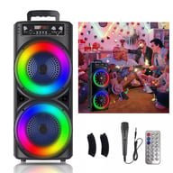 Portable Bluetooth speaker with rainbow LED lights, wireless microphone and remote control