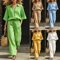 Woman wearing green linen two-piece set with short-sleeve shirt and wide-leg pants outdoors