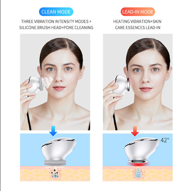 Woman admiring clear, glowing skin after using vibrating facial cleansing brush with warm technology