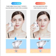 Rechargeable facial brush dual-mode vibration settings and warm function controls displayed