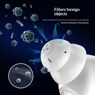 Close-up of hearing aid ear tip filtering out foreign objects