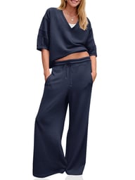 Women's 2 Piece Wide Leg Tracksuit Set | V Neck Casual Workout — view 5