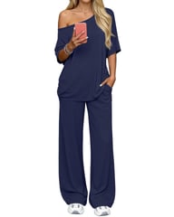 Off-Shoulder Loose Two-Piece Set | Wide-Leg Pants & Casual Top — view 10