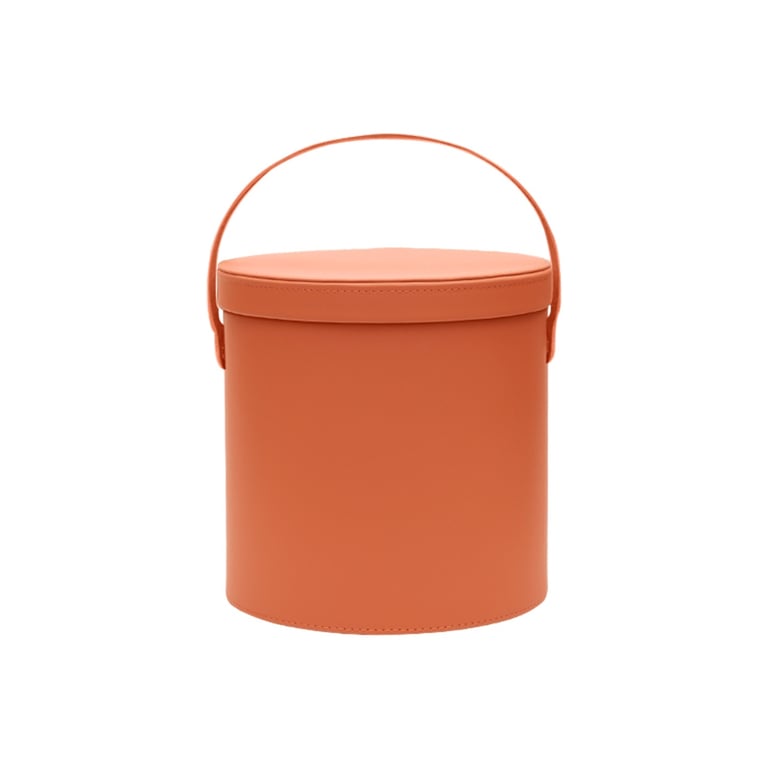 Tan car storage bucket with reinforced handle and stitched faux leather detail