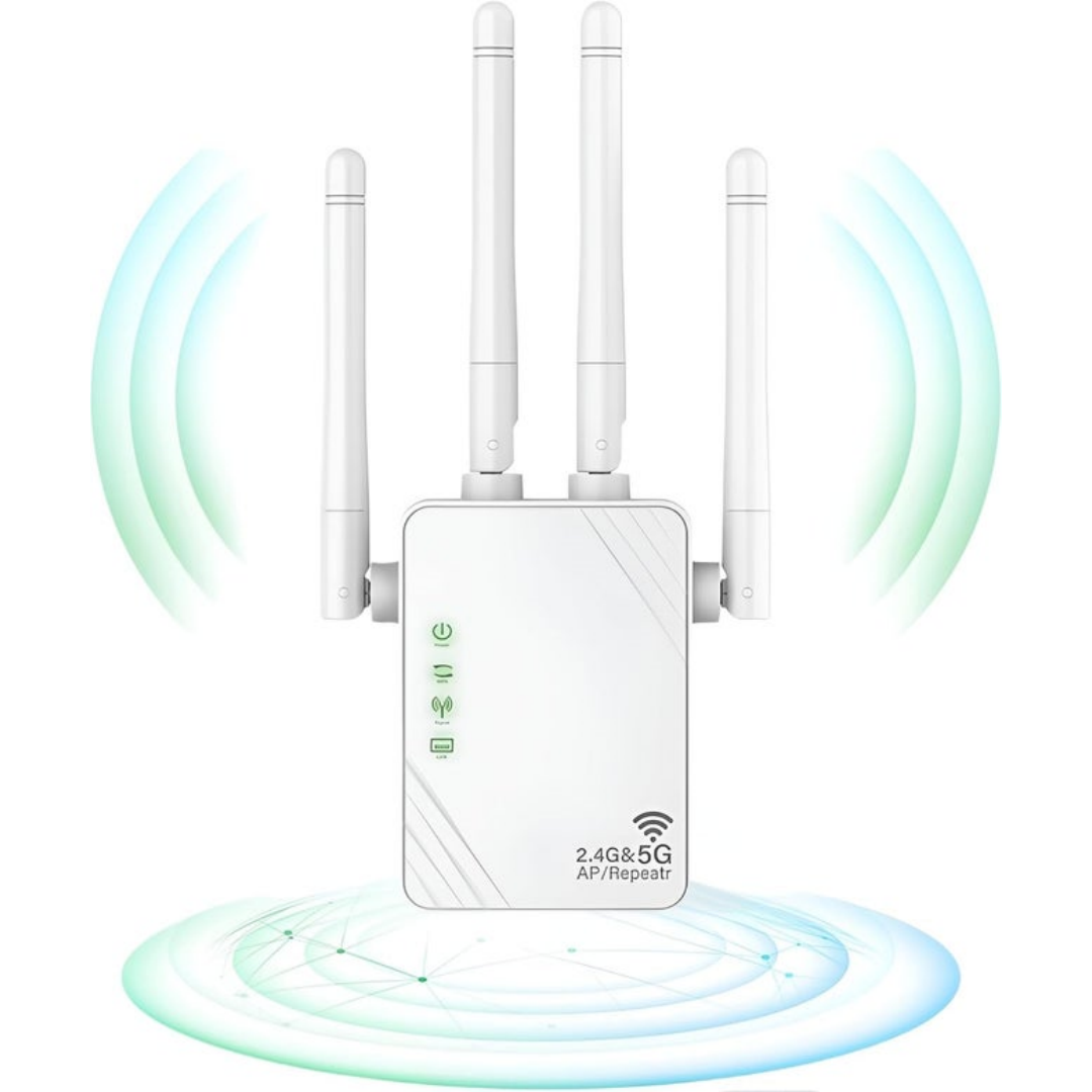 WiFi Amplifier 1200Mbps, Dual Band 5Ghz And 2.4Ghz, Gigabit Port And WPS, Equipped With 4 Antennas, Compatible With All Network Boxes, White
