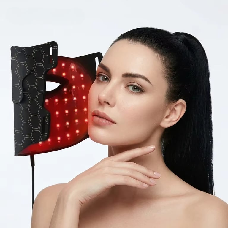 Close-up of black LED light therapy mask showing 8-color light spectrum