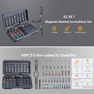 Color-coded S2 steel bits in compact magnetic screwdriver carrying case