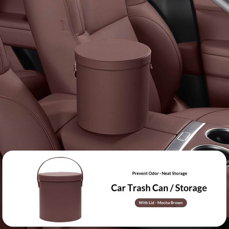 Brown car trash organizer with handle on premium car seat interior