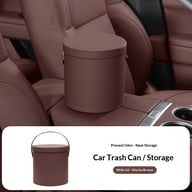 Brown faux leather car trash bin with reinforced carry handle
