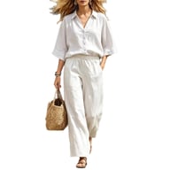 Women's Linen Two-Piece Set | Short-Sleeve Shirt & Loose Pants — view 7