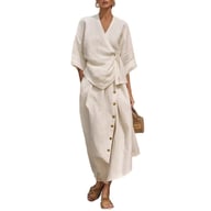 Women's Casual Loose Skirt Two-Piece Set | Linen Wrap Top & Button Skirt — view 14