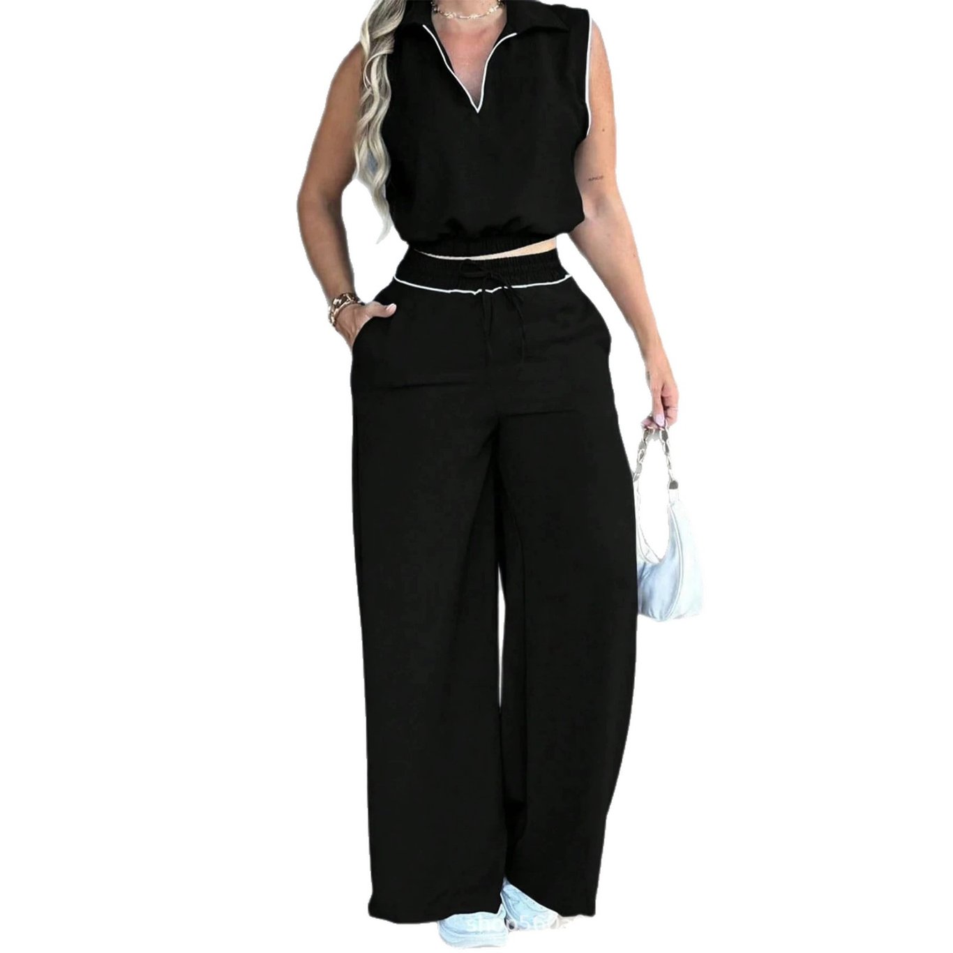 Sleeveless Lapel Top with Pockets & Faux Drawstring Pants Set | Home & Kitchen