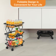 Foldable kitchen storage rack demonstrating both collapsed and fully extended configurations