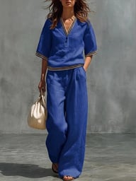 Cotton-Linen V-Neck Shirt & Pants Set | Casual Comfort — view 15