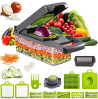 15-in-1 vegetable chopper with various interchangeable blades and chopped vegetables displayed