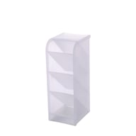 Transparent four-compartment desk organizer shelf empty and isolated on white background