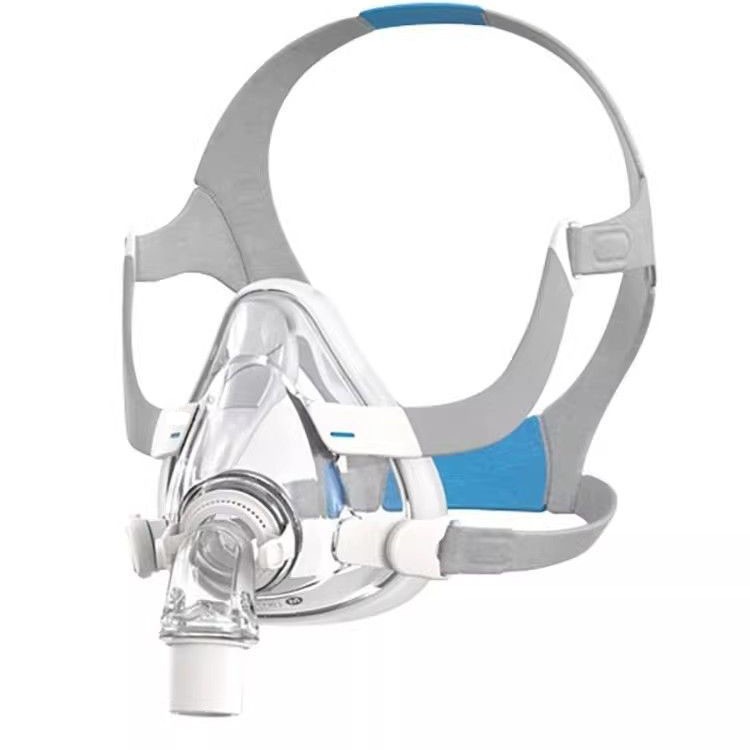 Soft fabric headgear with blue accents, ergonomic comfort design