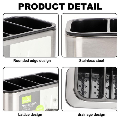 Modern stainless steel kitchen utensil organizer on apartment countertop