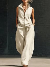 Woman in beige linen cotton two-piece set showcasing wide-leg pants and zipper closure top