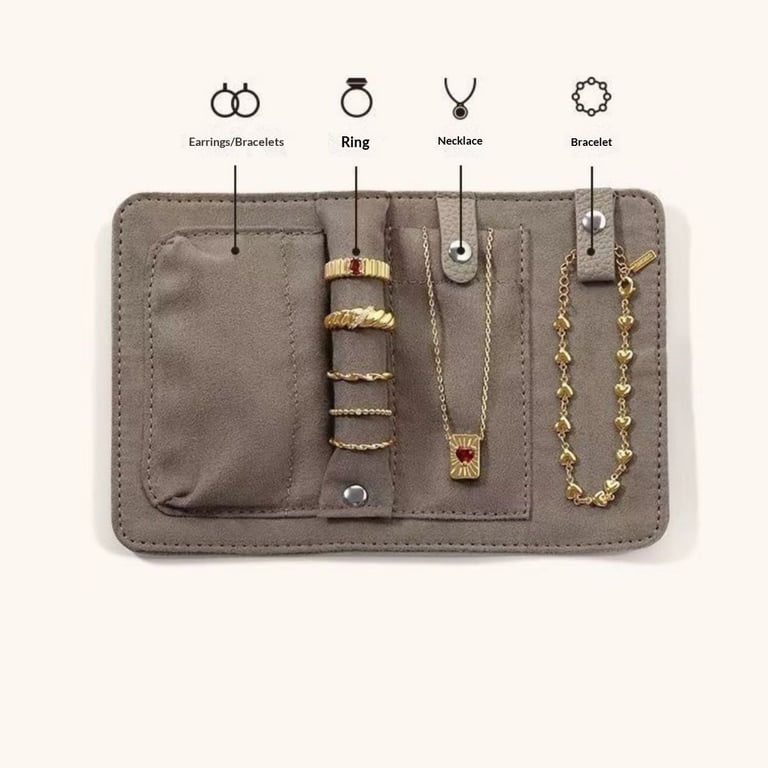 Empty gray jewelry organizer unfolded on white background showing interior quality