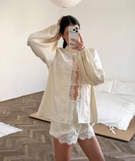 Off-White Ice-Silk Satin Lace-Trimmed Tie-Front Womens Pajama Set — view 5