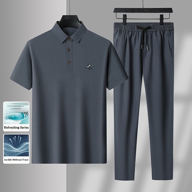 Men's ice silk two-piece set detail, premium fabric quality and construction