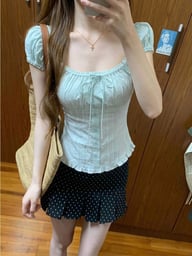Ice-Blue Square-Neck Bubble-Sleeve T-Shirt | Cottagecore Style Top — view 8